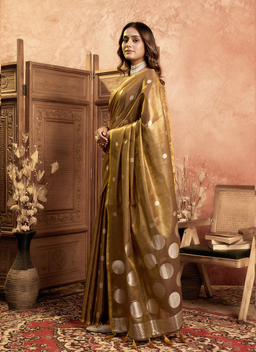 Soft Pure Tissue silk allover polka weave-Brown