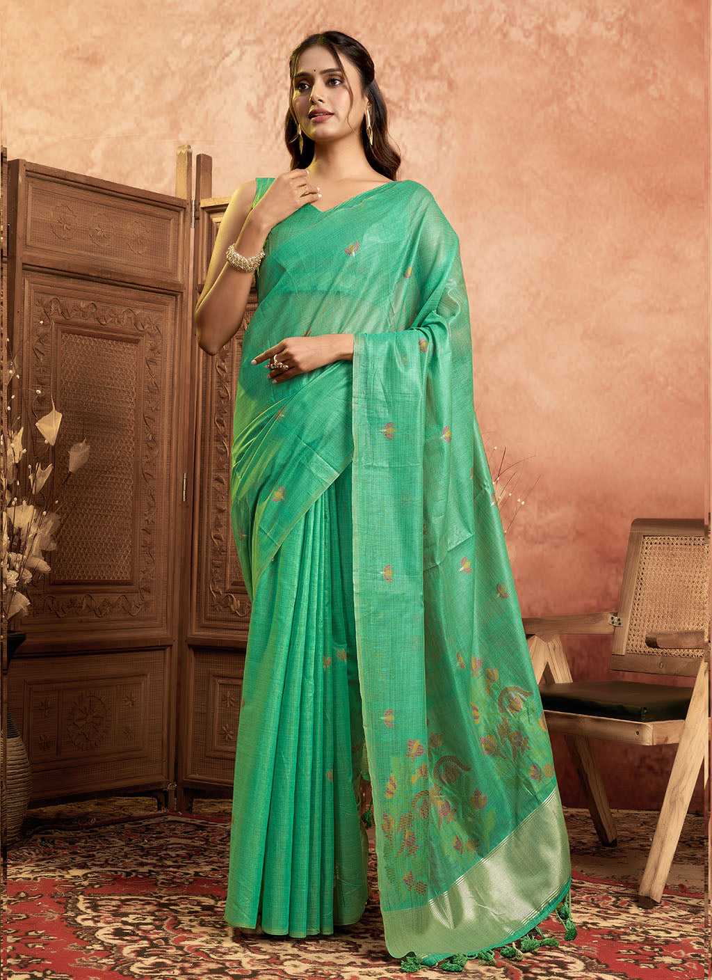 Mul Mul Cotton Saree-C green