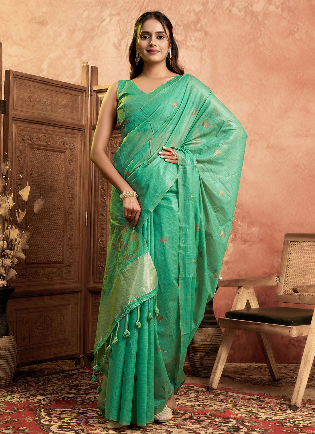 Mul Mul Cotton Saree-C green