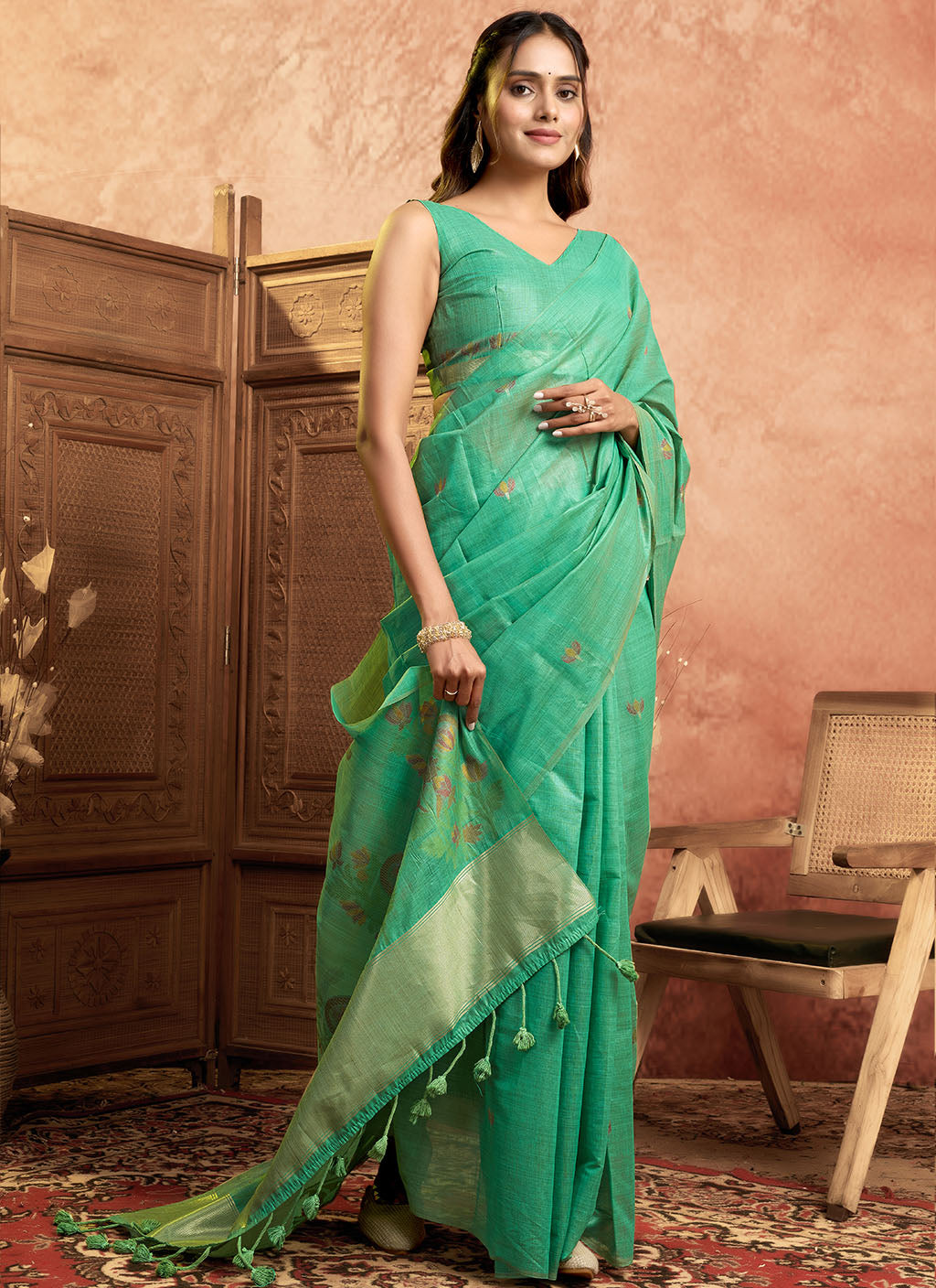 Mul Mul Cotton Saree-C green