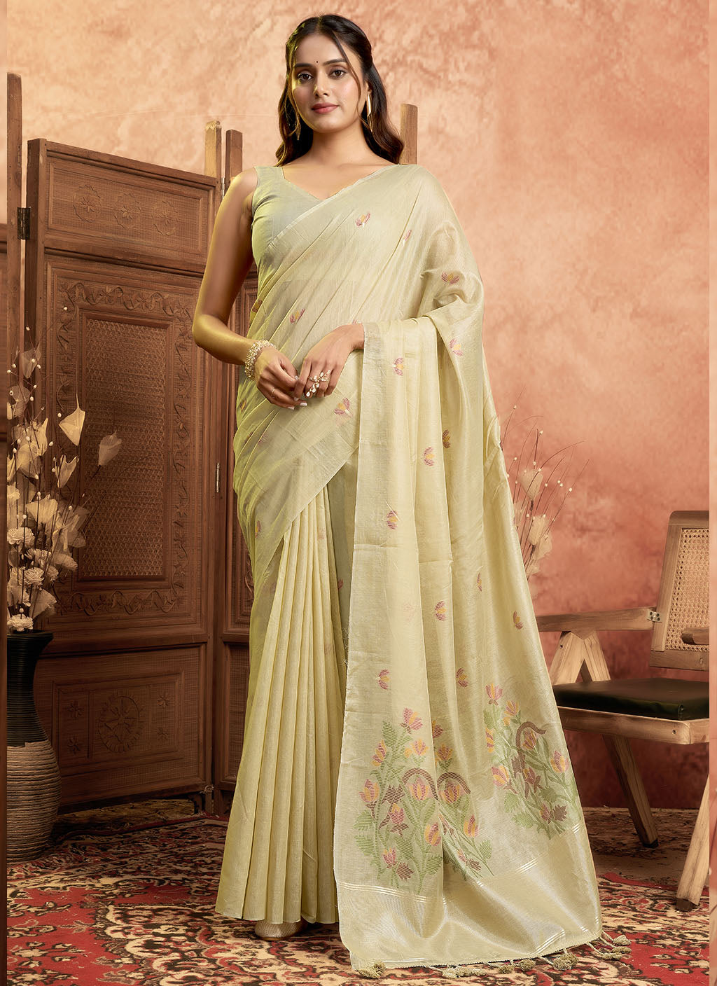 Mul Mul Cotton Saree-Cream