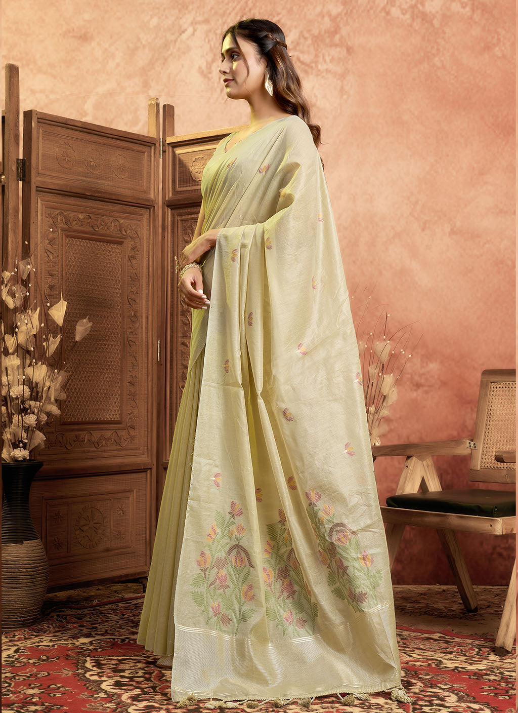 Mul Mul Cotton Saree-Cream