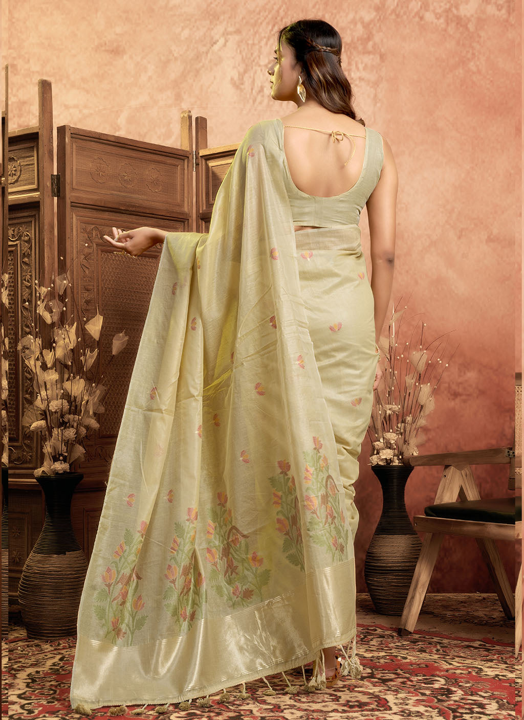 Mul Mul Cotton Saree-Cream