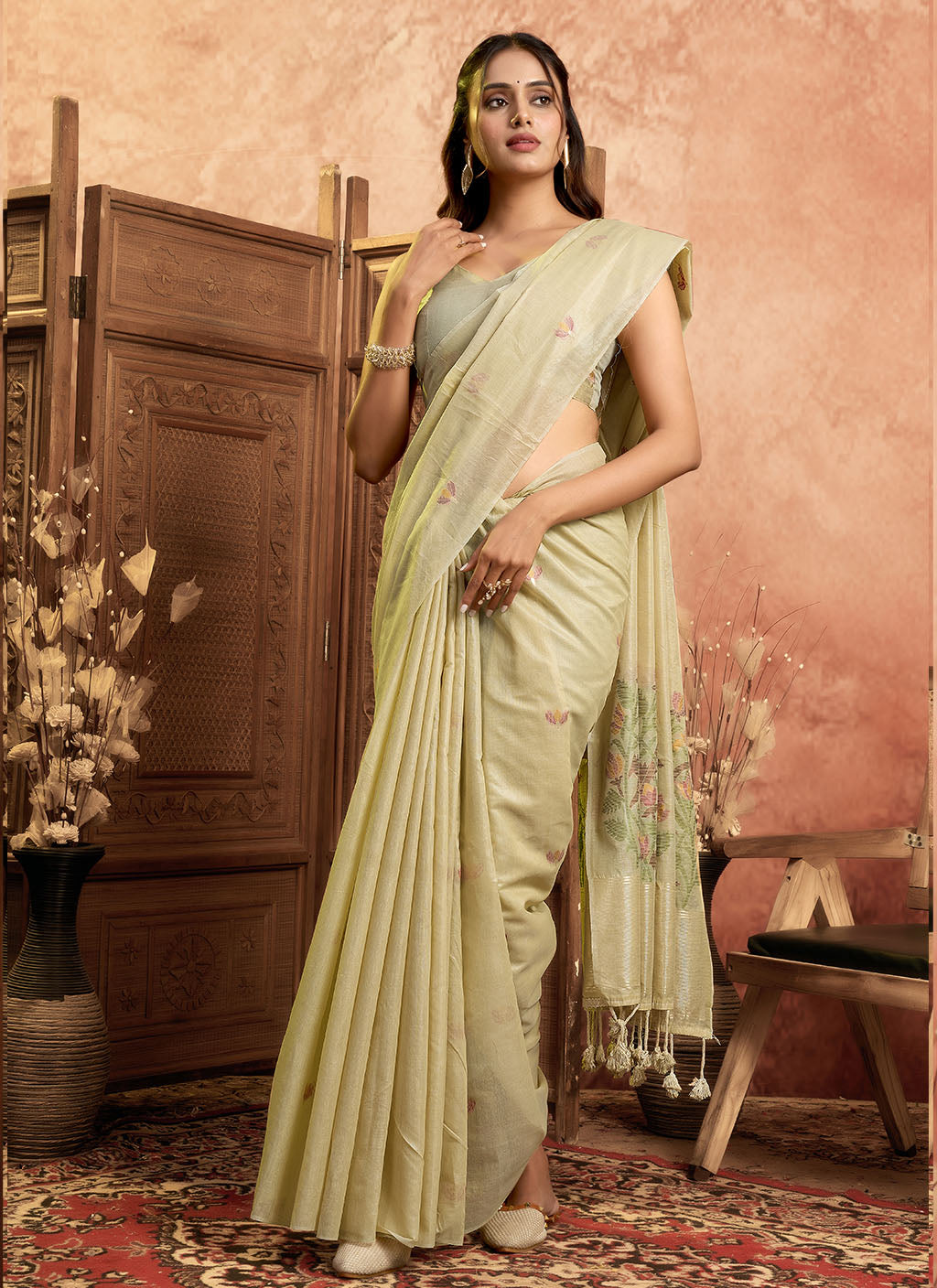 Mul Mul Cotton Saree-Cream