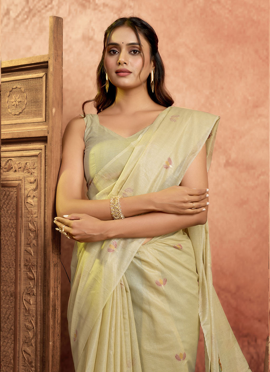 Mul Mul Cotton Saree-Cream