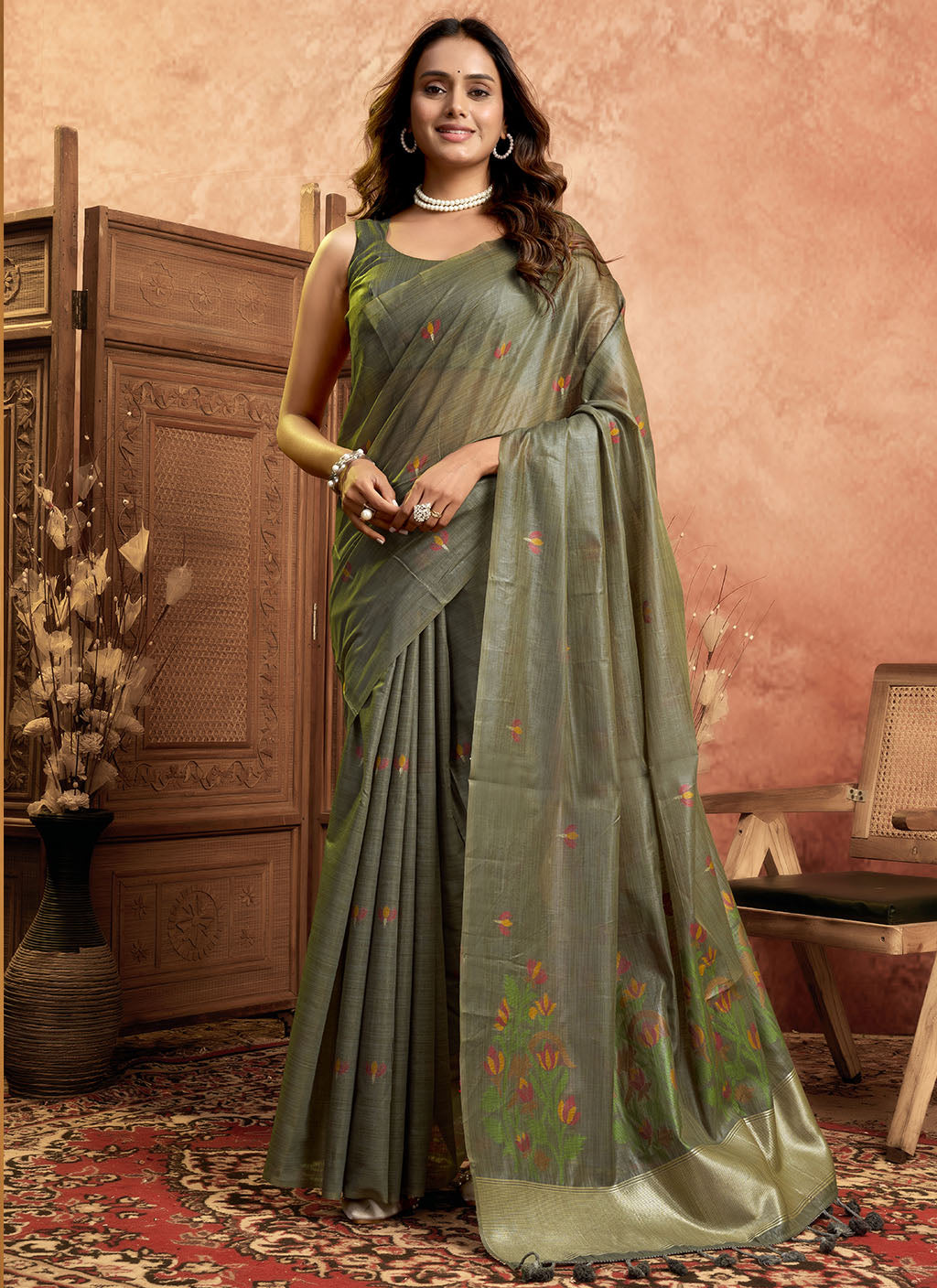 Mul Mul Cotton Saree-Grey