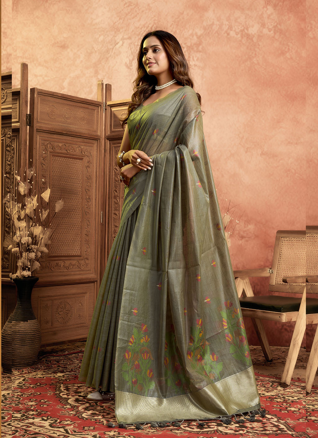 Mul Mul Cotton Saree-Grey