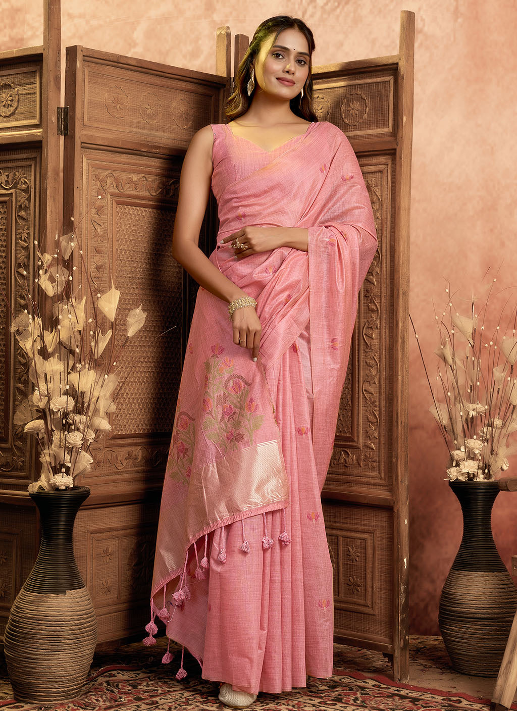 Mul Mul Cotton Saree-Pink