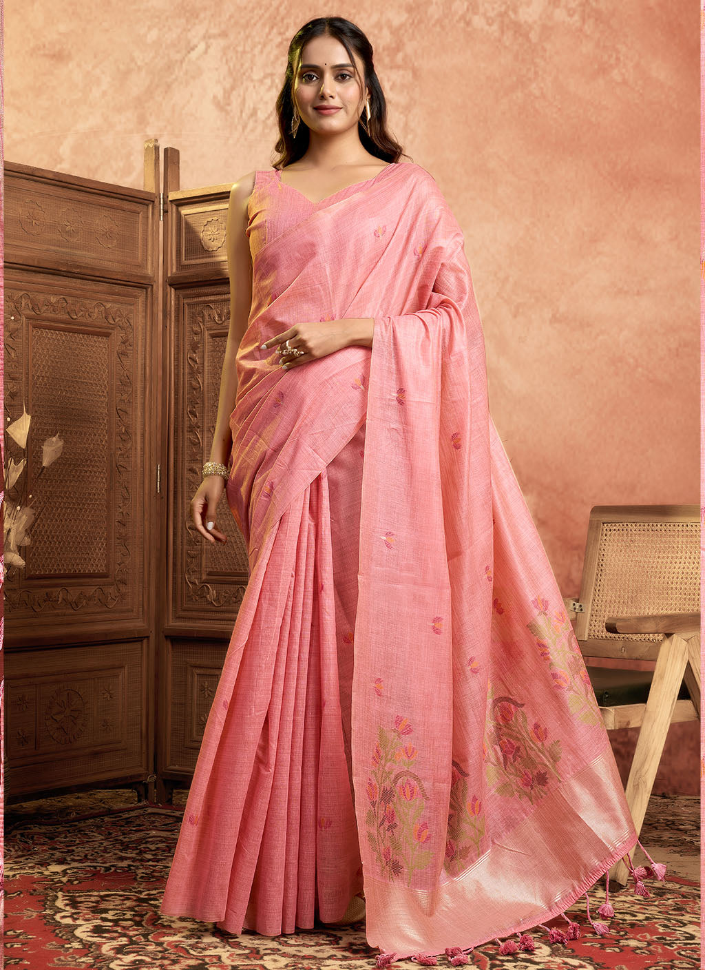 Mul Mul Cotton Saree-Pink