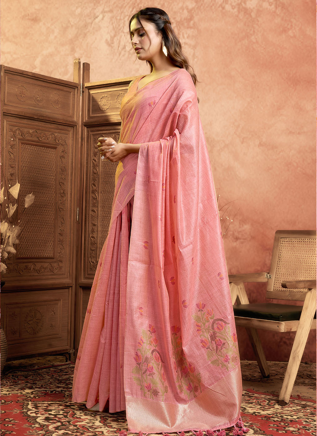 Mul Mul Cotton Saree-Pink