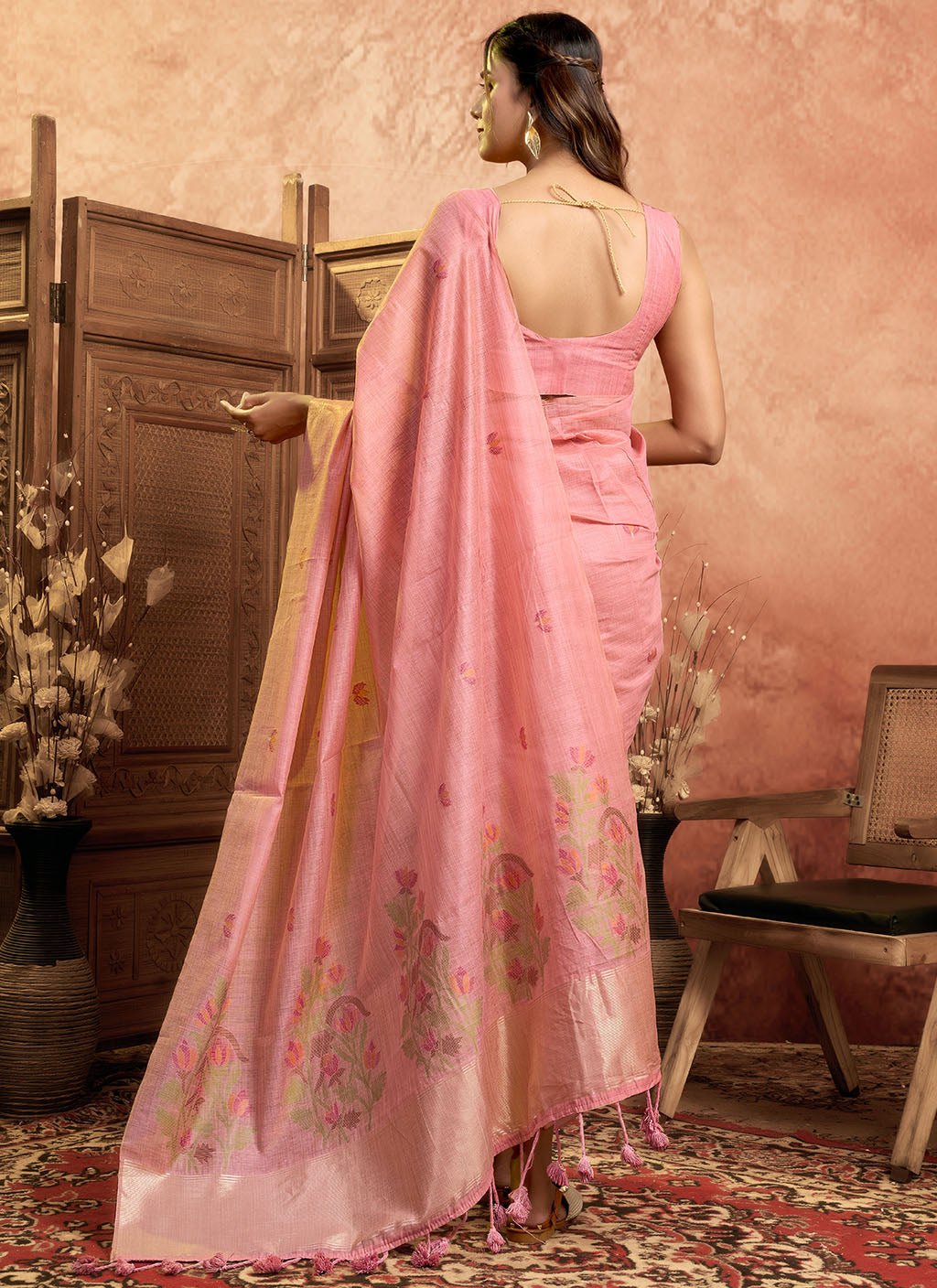 Mul Mul Cotton Saree-Pink