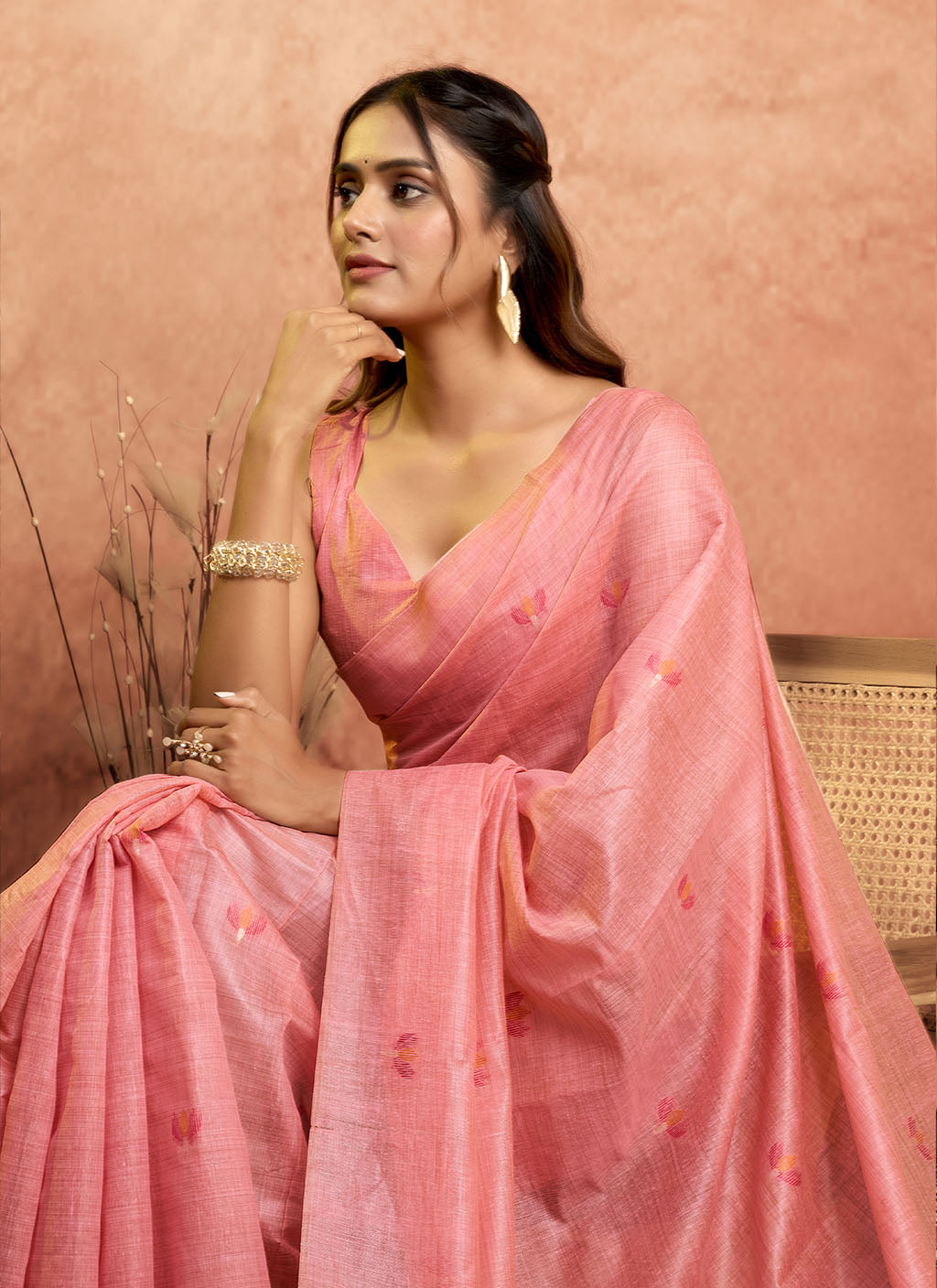 Mul Mul Cotton Saree-Pink