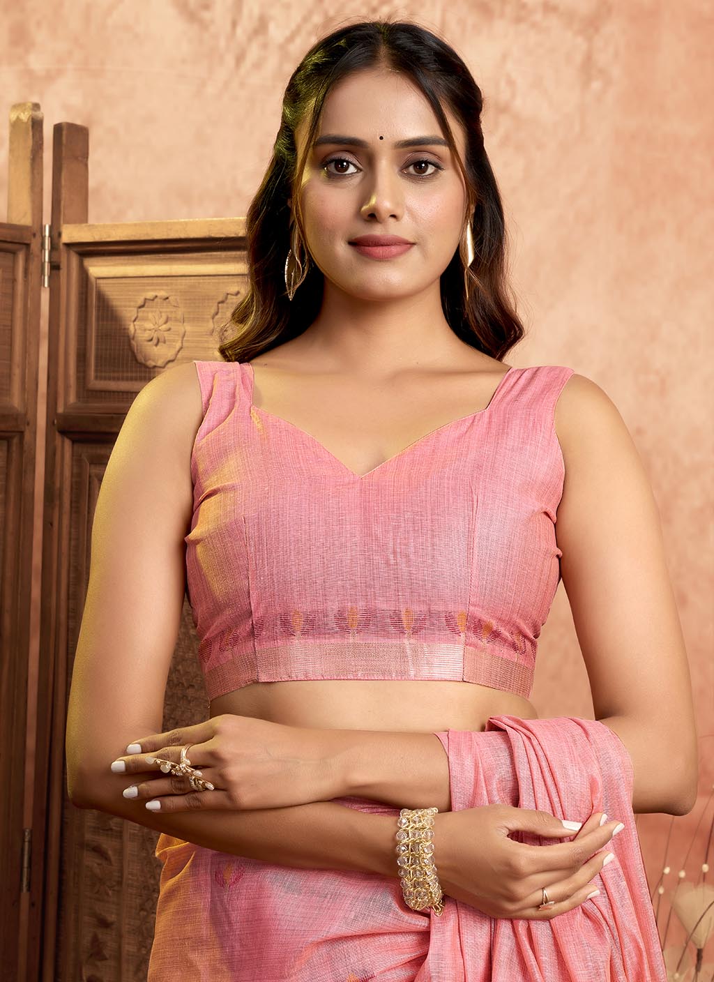 Mul Mul Cotton Saree-Pink