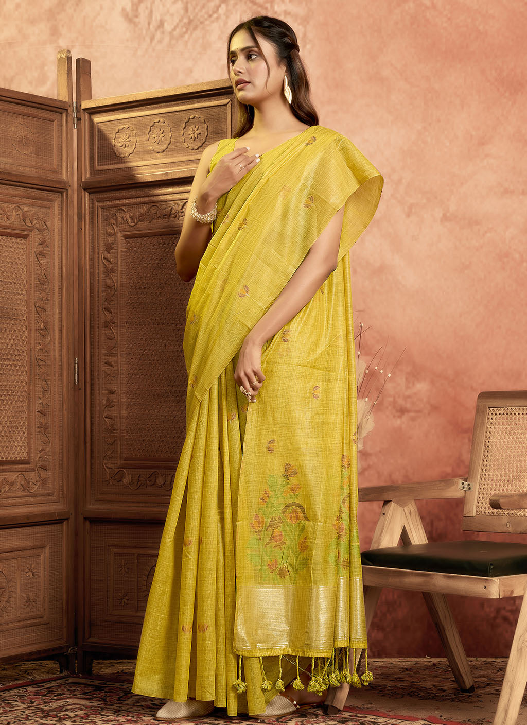 Mul Mul Cotton Saree-Yellow