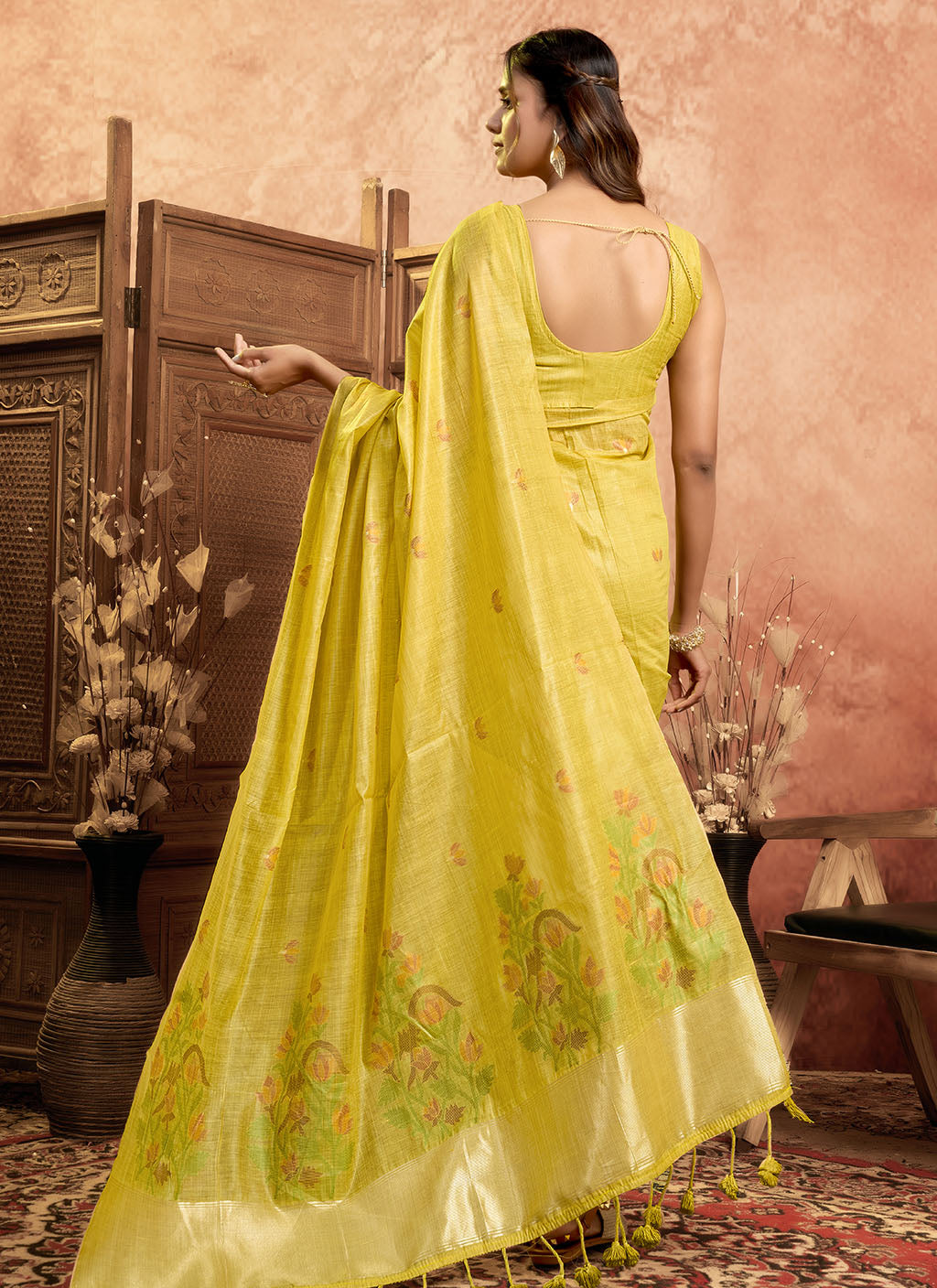 Mul Mul Cotton Saree-Yellow