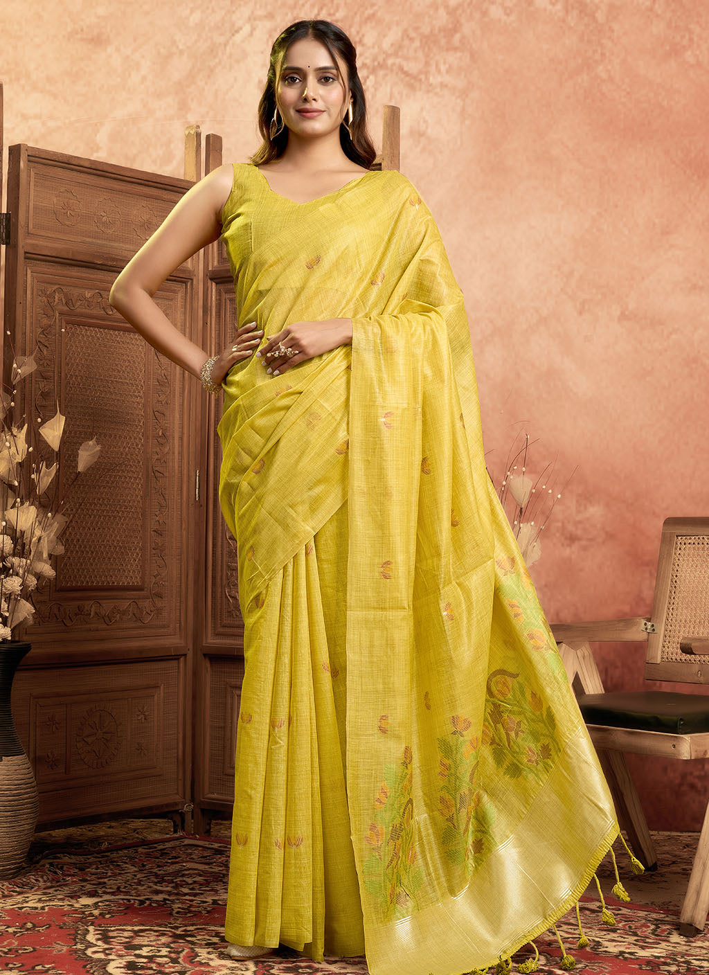 Mul Mul Cotton Saree-Yellow