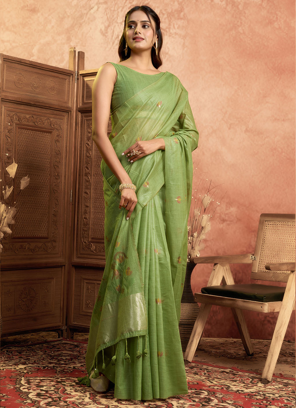 Mul Mul Cotton Saree-p.green