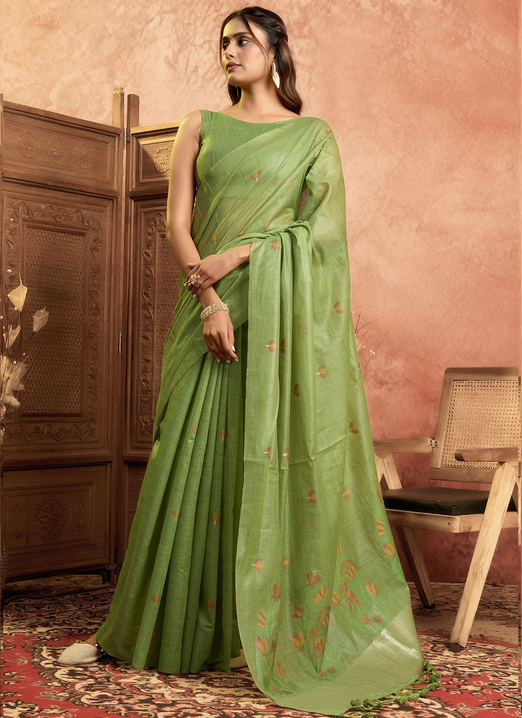 Mul Mul Cotton Saree-p.green