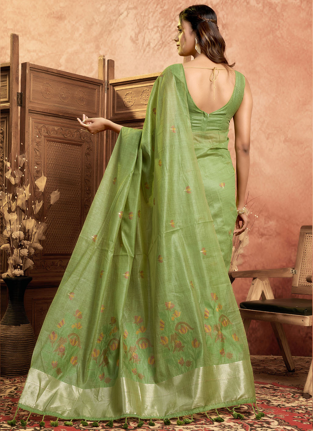 Mul Mul Cotton Saree-p.green