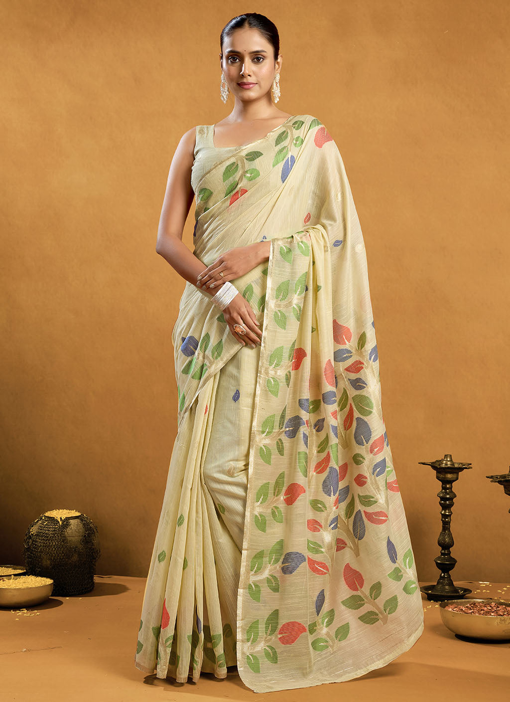 Pure spun cotton jamdani floral weaving