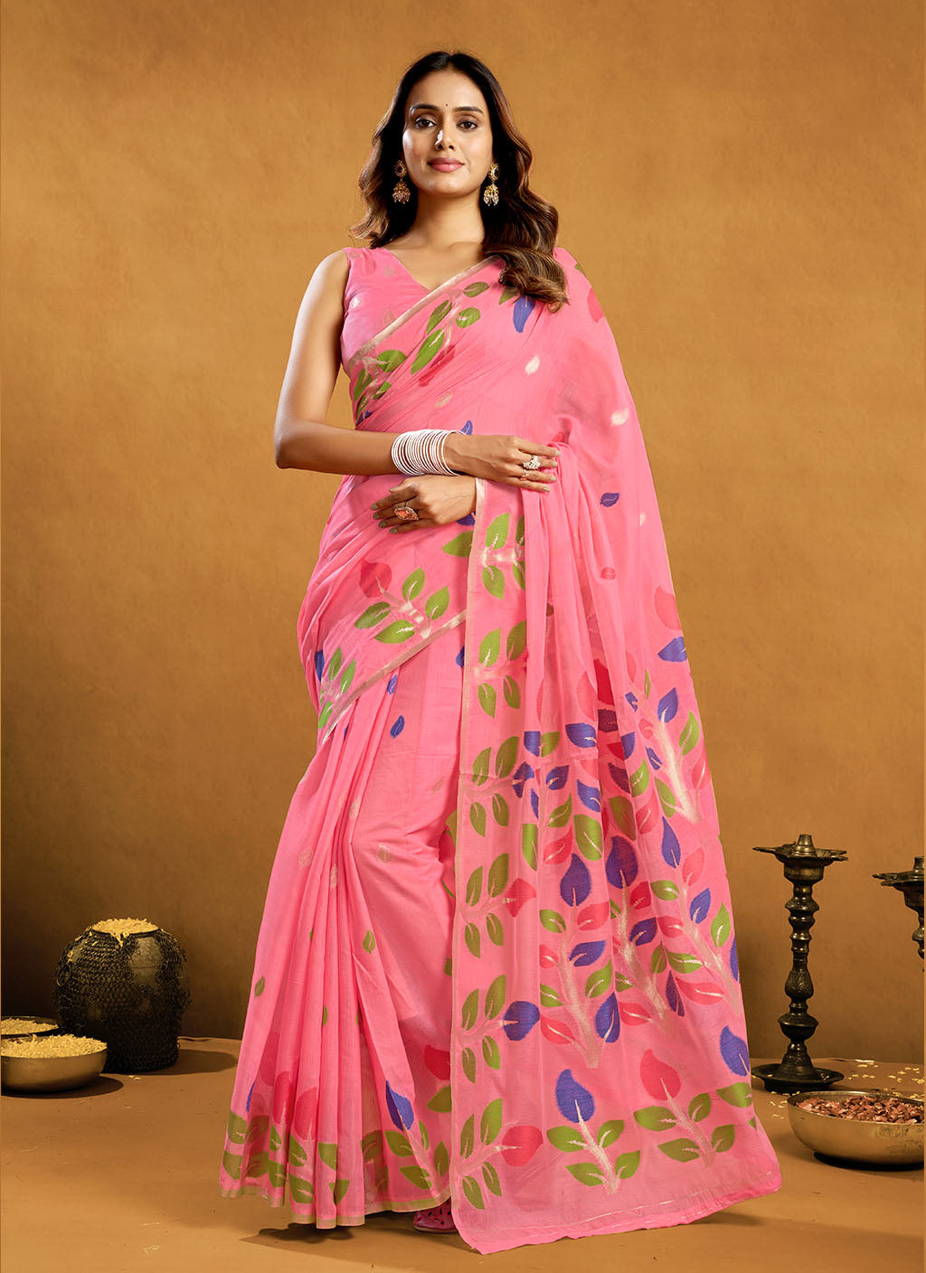 Pure spun cotton jamdani floral weaving