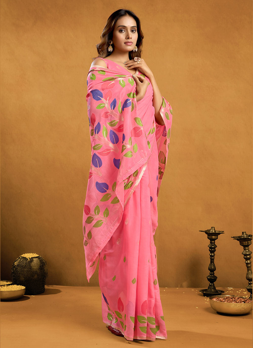 Pure spun cotton jamdani floral weaving