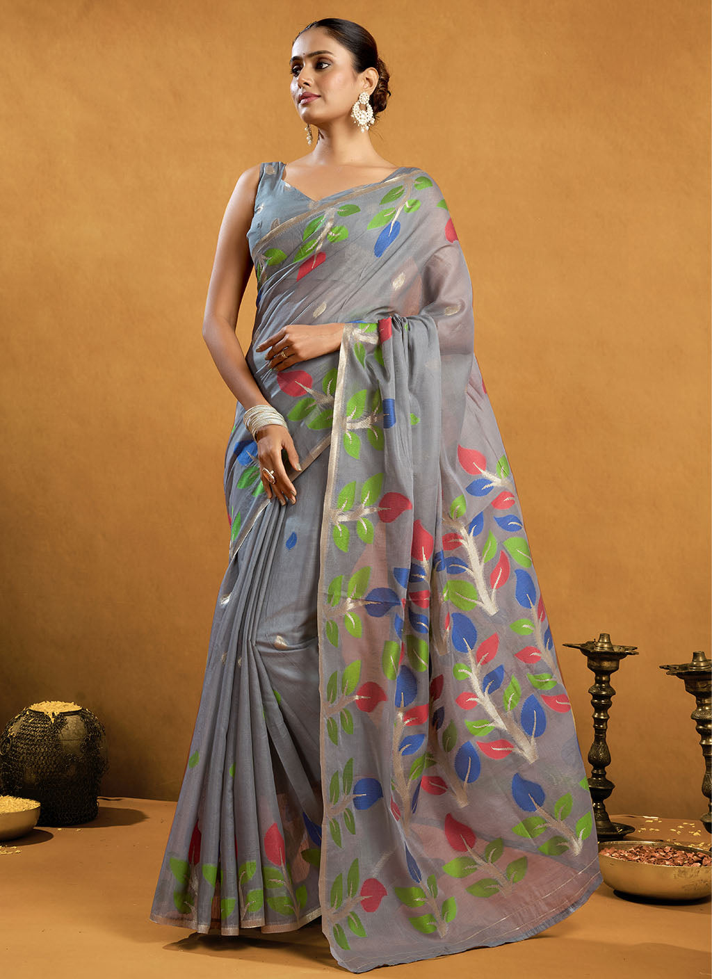 Pure spun cotton jamdani floral weaving