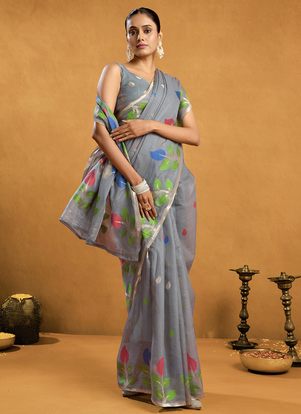 Pure spun cotton jamdani floral weaving