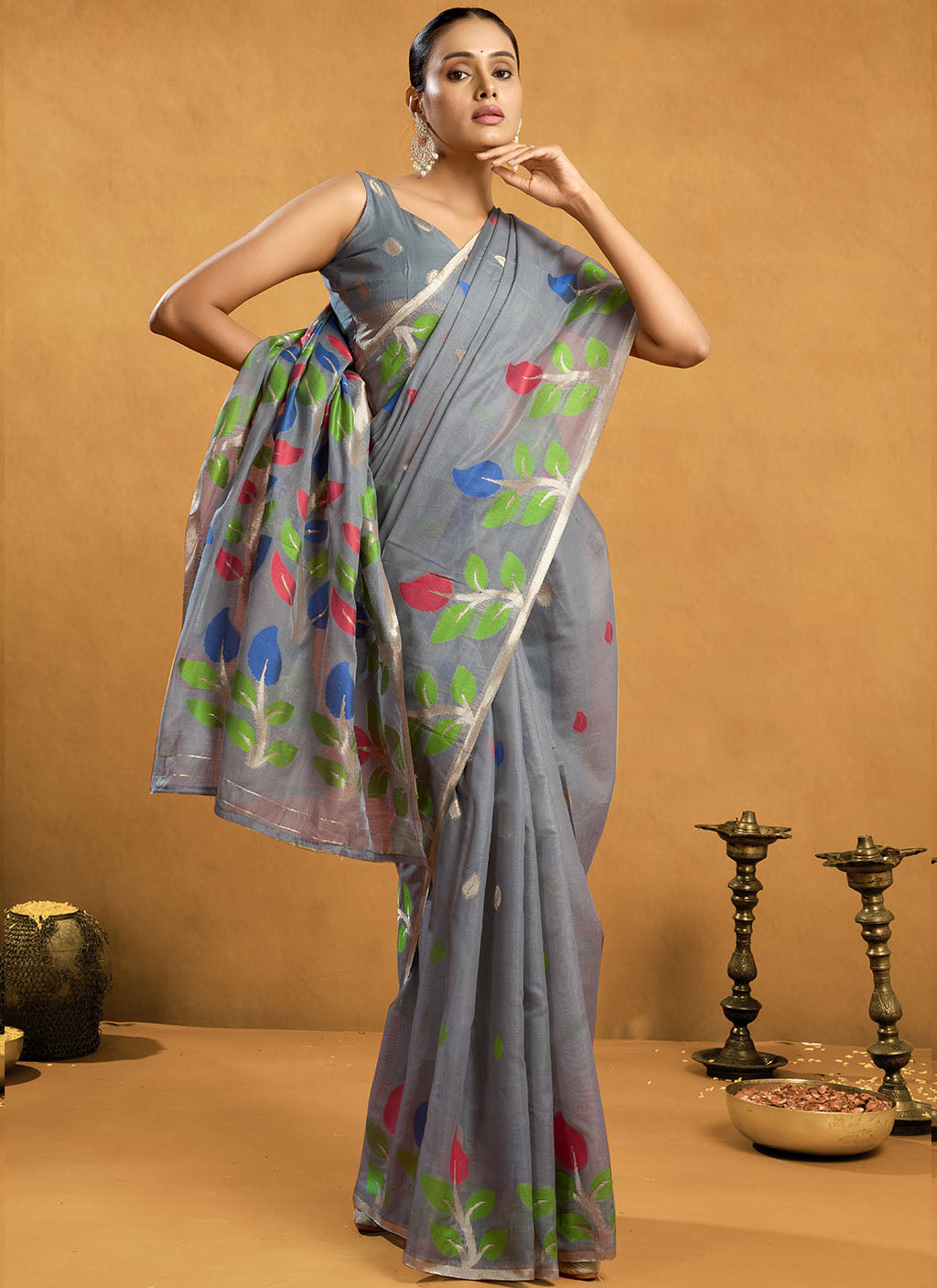 Pure spun cotton jamdani floral weaving