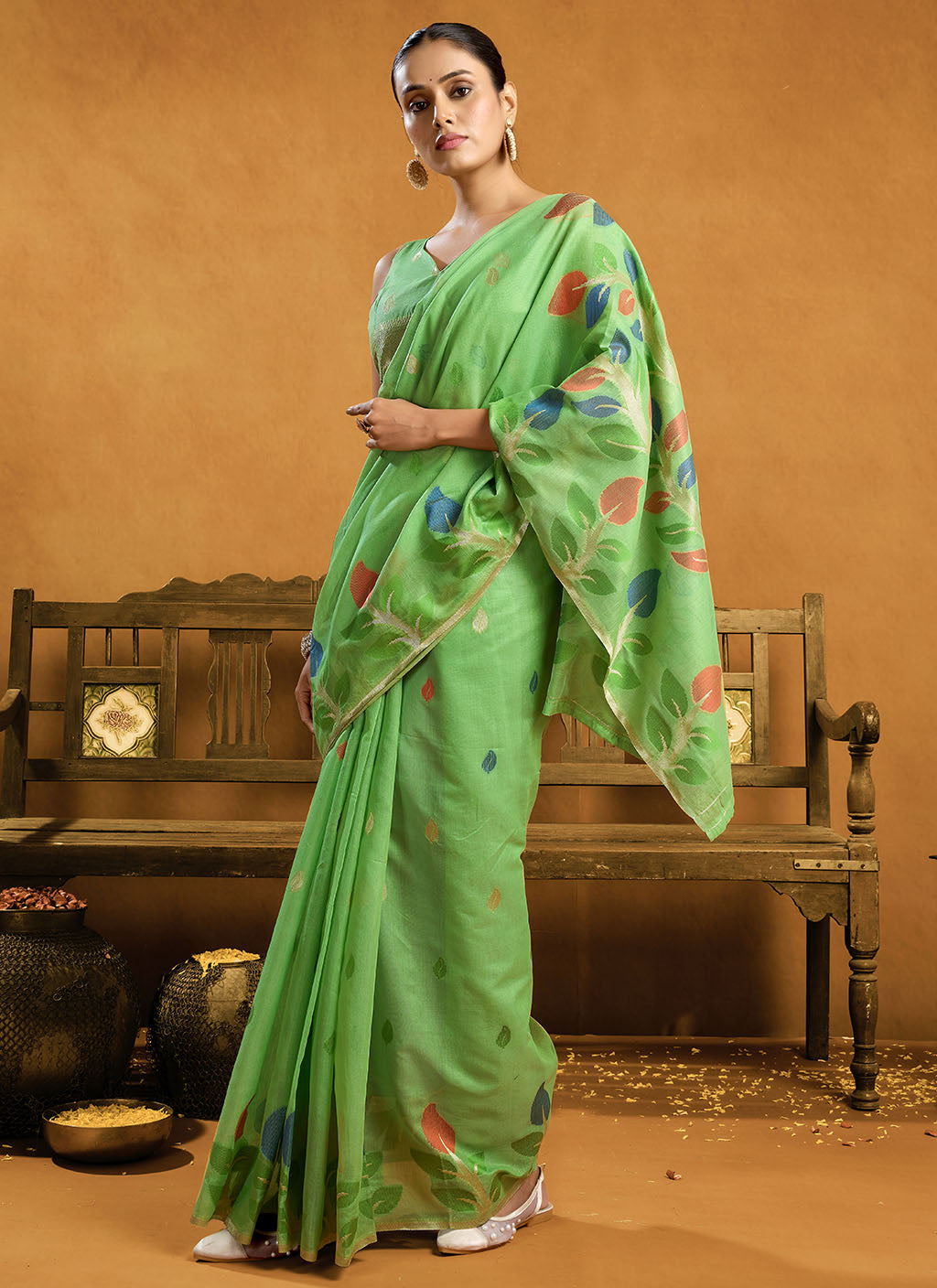 Pure spun cotton jamdani floral weaving