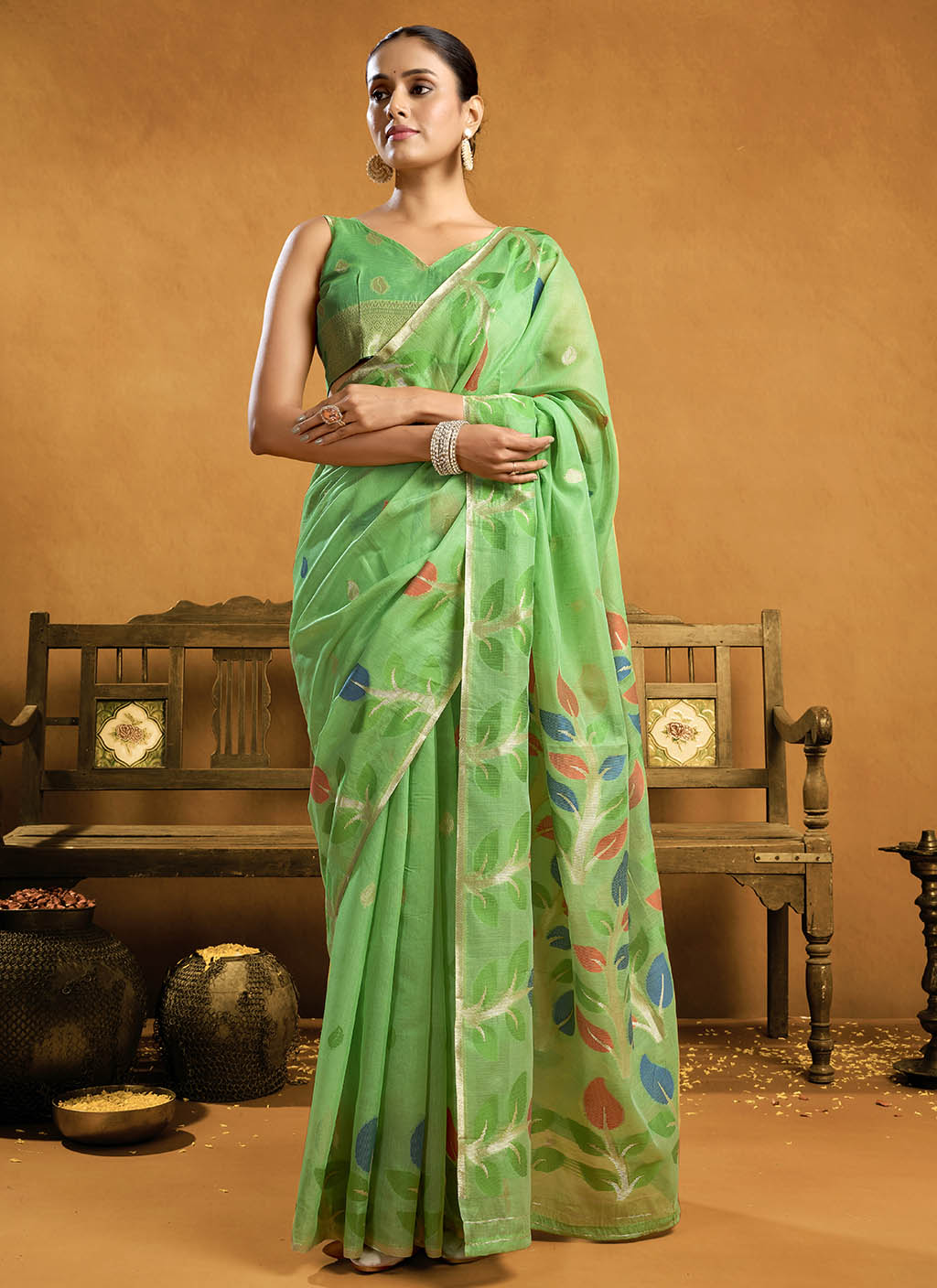 Pure spun cotton jamdani floral weaving