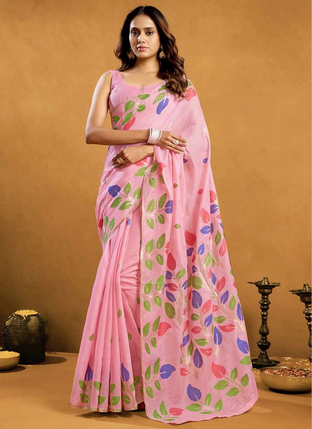 Pure spun cotton jamdani floral weaving