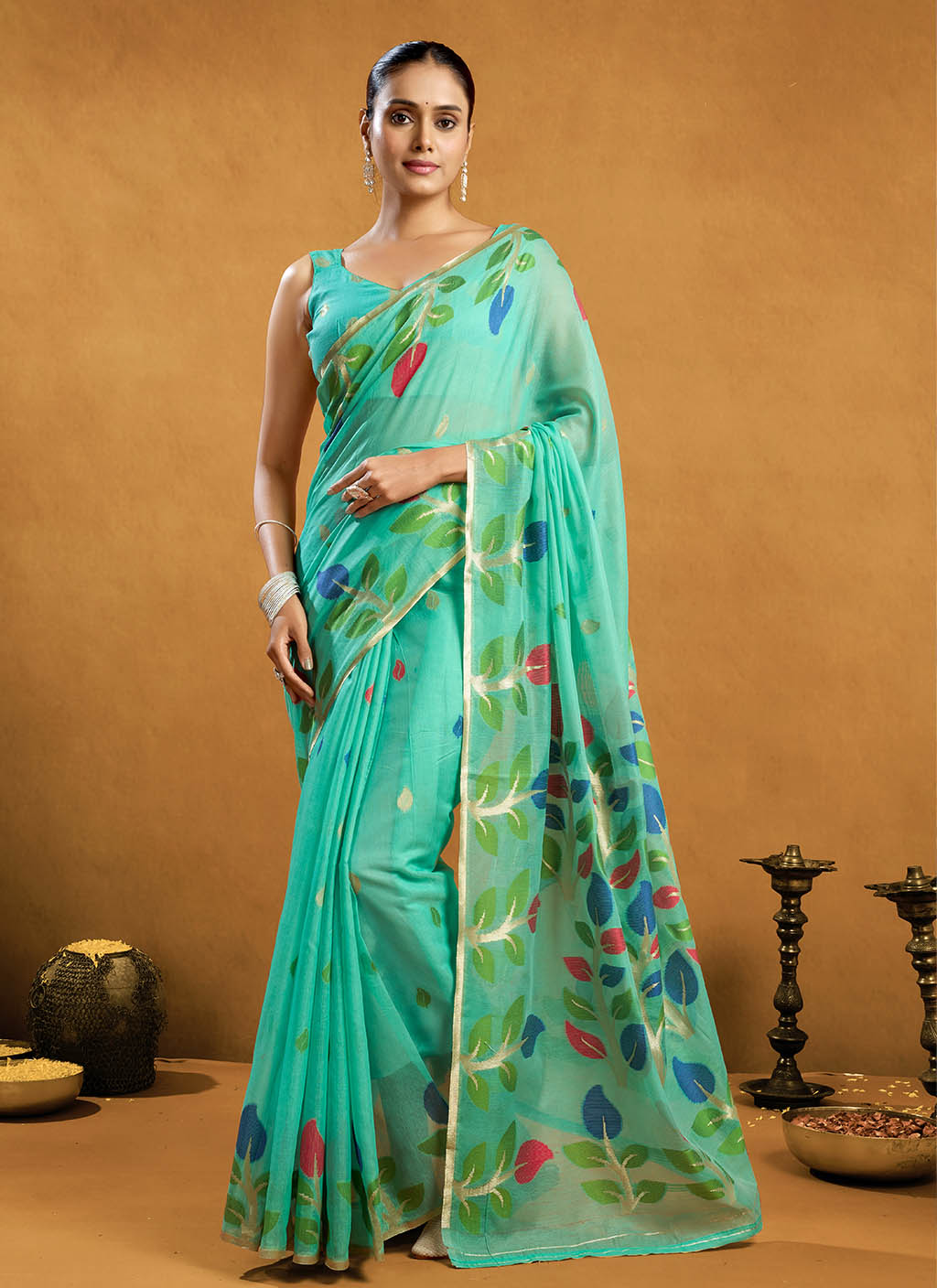 Pure spun cotton jamdani floral weaving