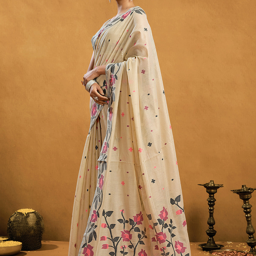 Pure Chiku spun cotton jamdani floral weaving