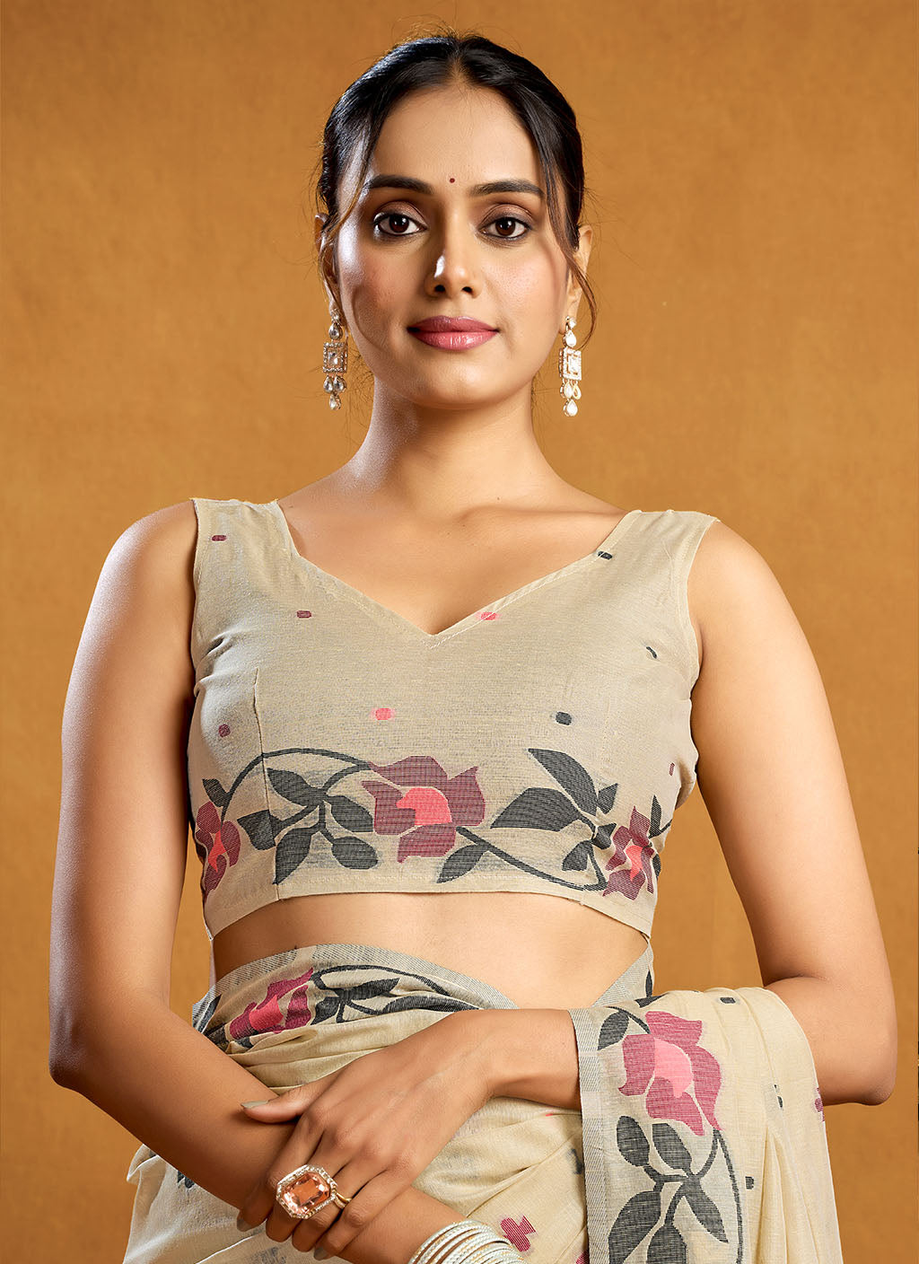 Pure Chiku spun cotton jamdani floral weaving