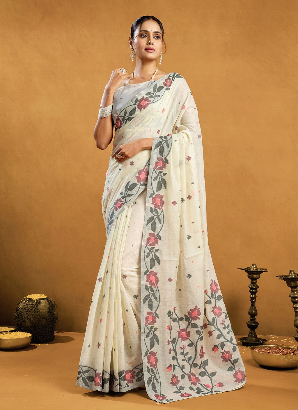 Pure Cream Cotton jamdani floral weaving