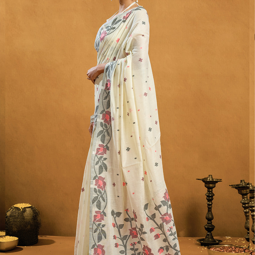 Pure Cream Cotton jamdani floral weaving