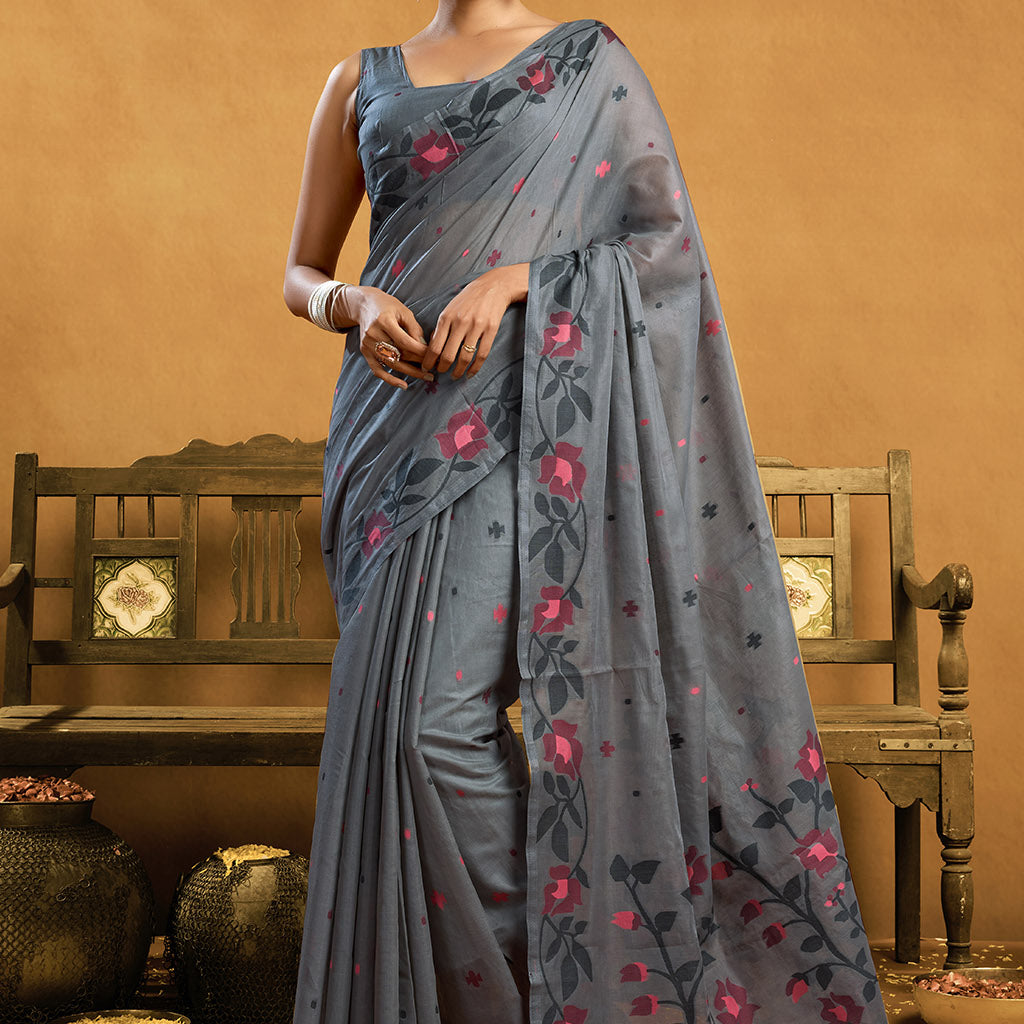 Pure Grey Cotton jamdani floral weaving