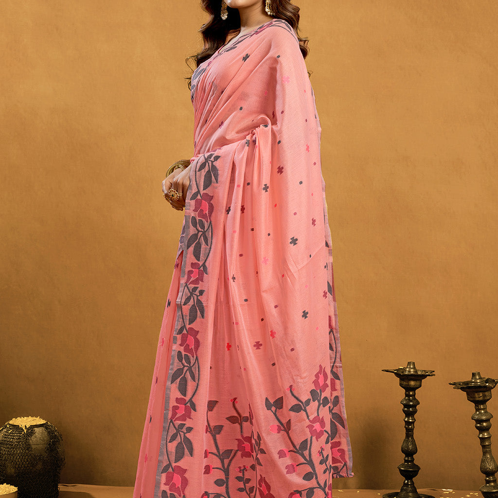 Pure Peach Cotton jamdani floral weaving