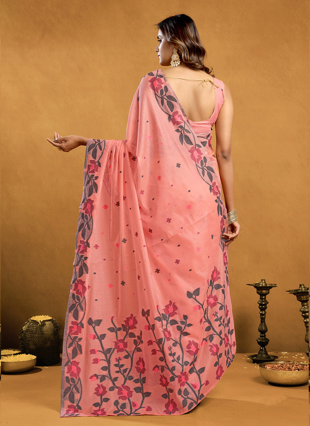 Pure Peach Cotton jamdani floral weaving