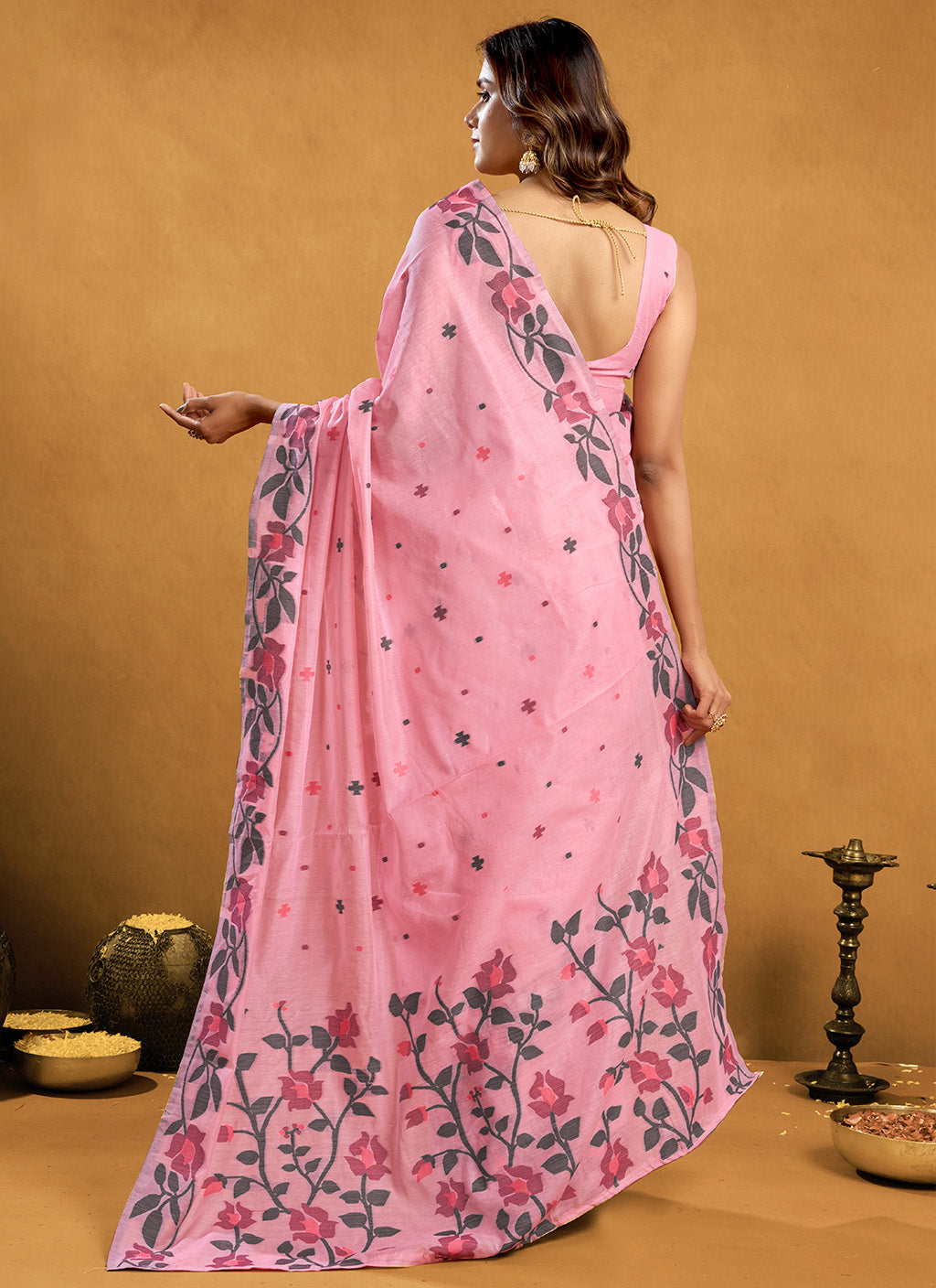 Pure Pink Cotton jamdani floral weaving
