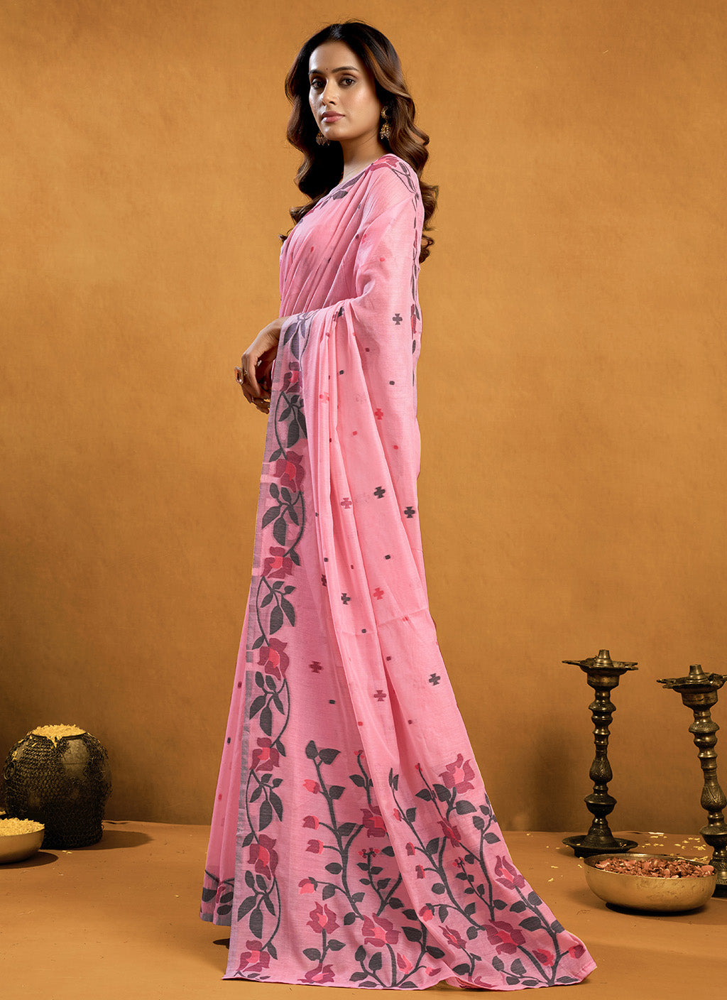 Pure Pink Cotton jamdani floral weaving