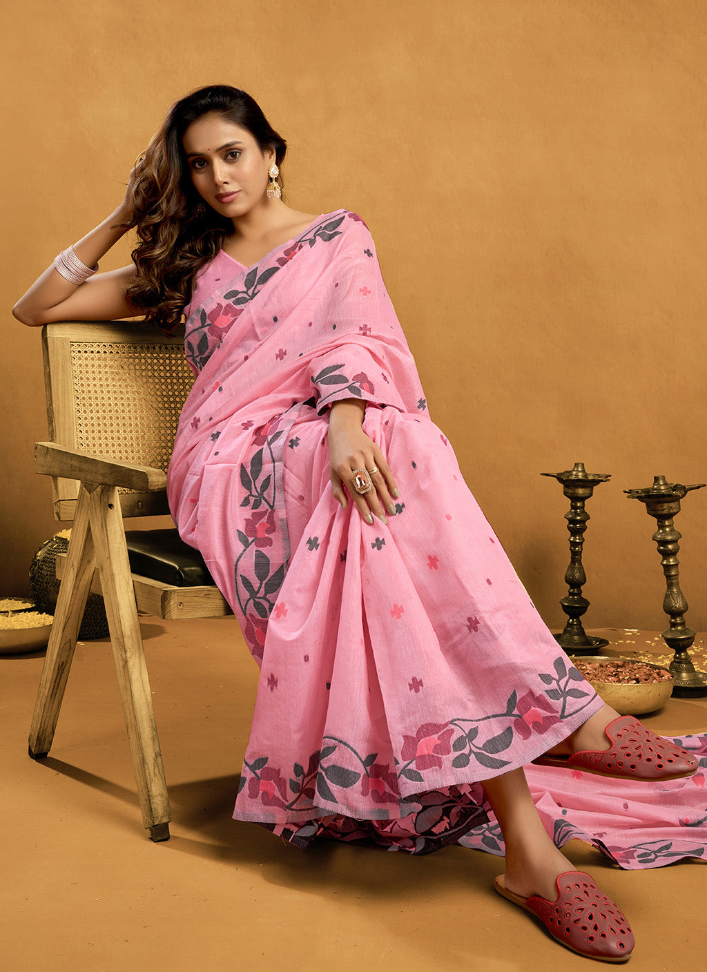 Pure Pink Cotton jamdani floral weaving