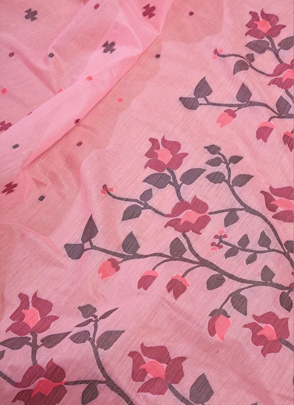 Pure Pink Cotton jamdani floral weaving