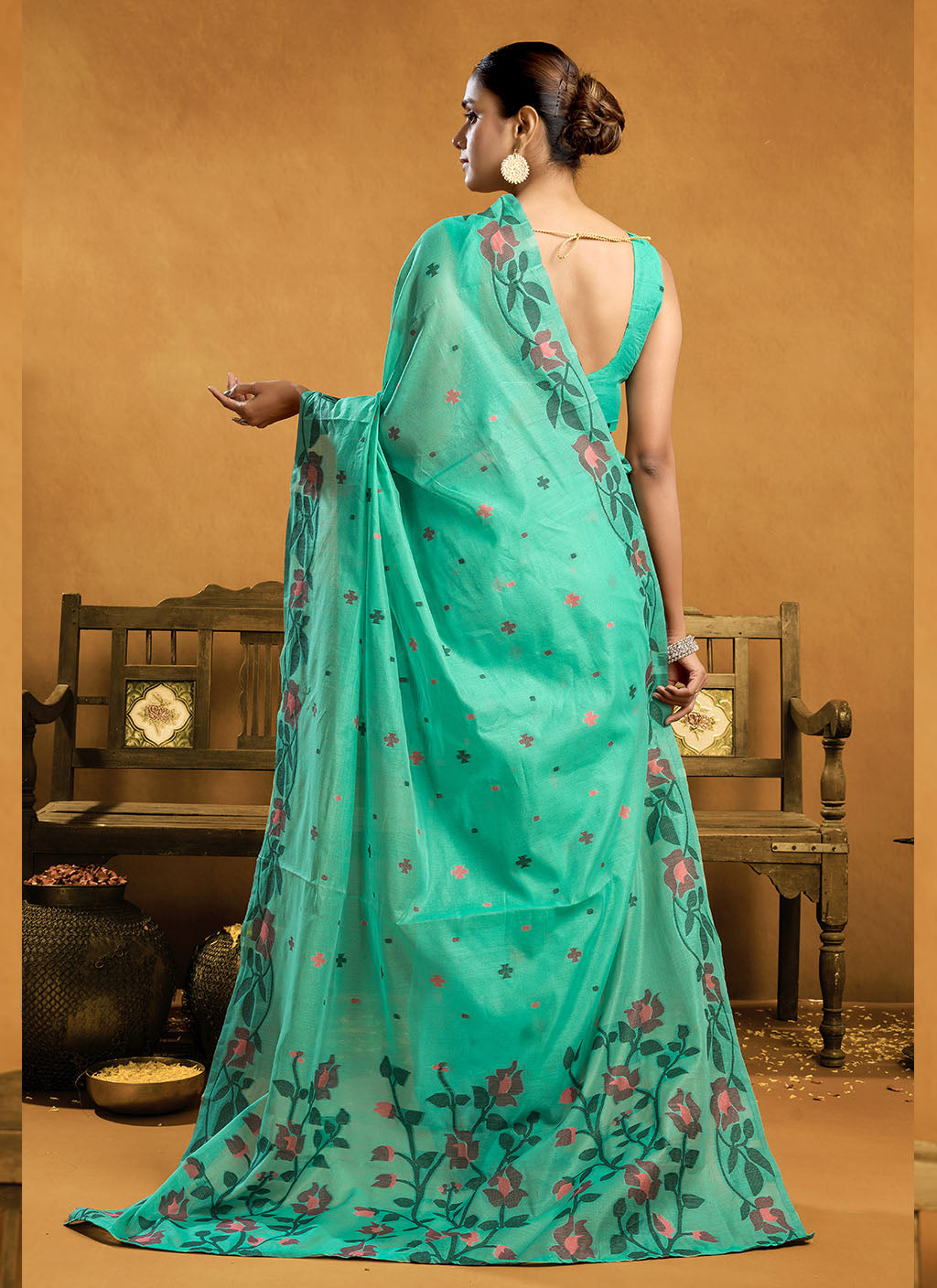 Pure Sea blue Cotton jamdani floral weaving