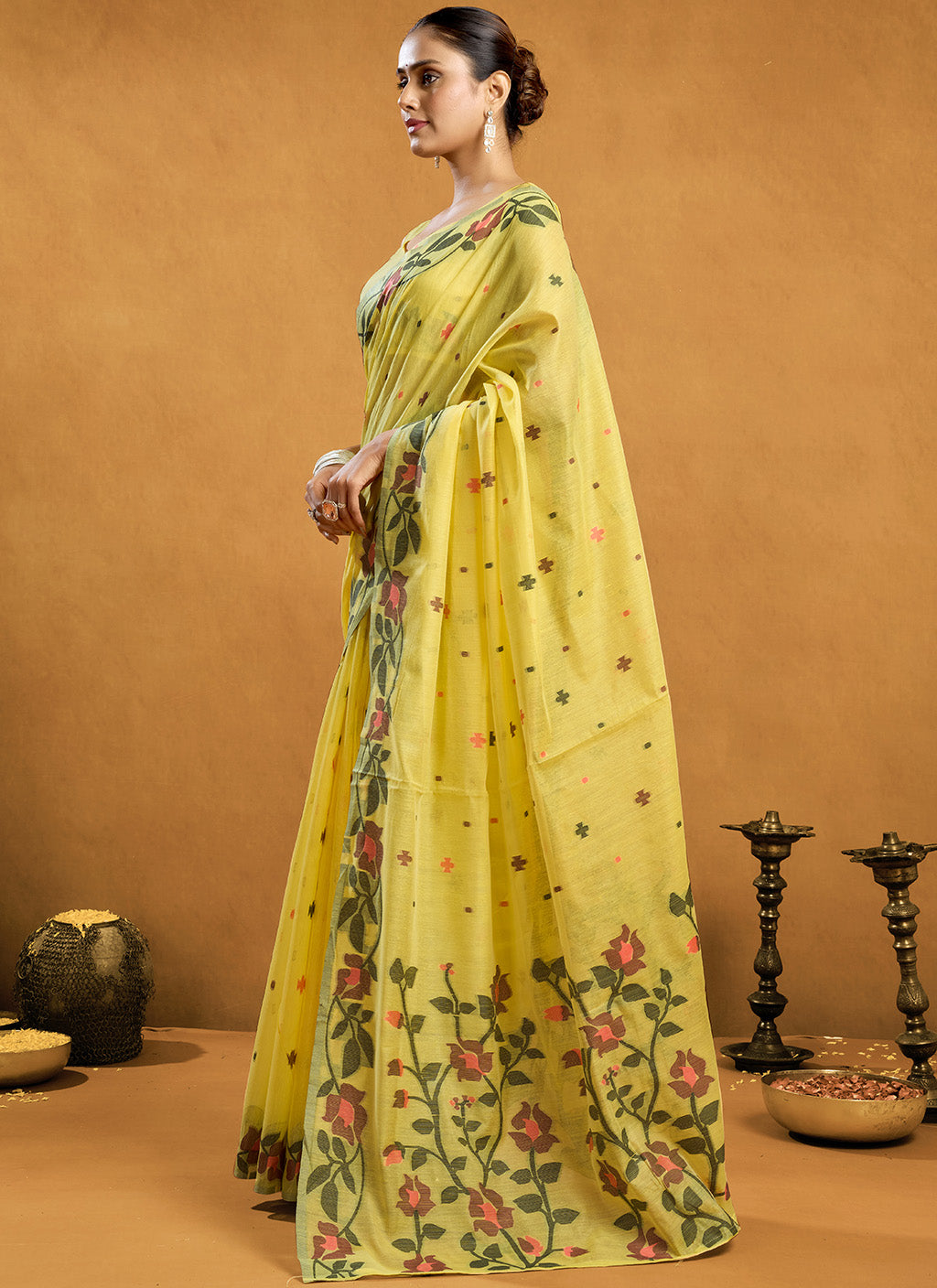 Pure Yellow Cotton jamdani floral weaving