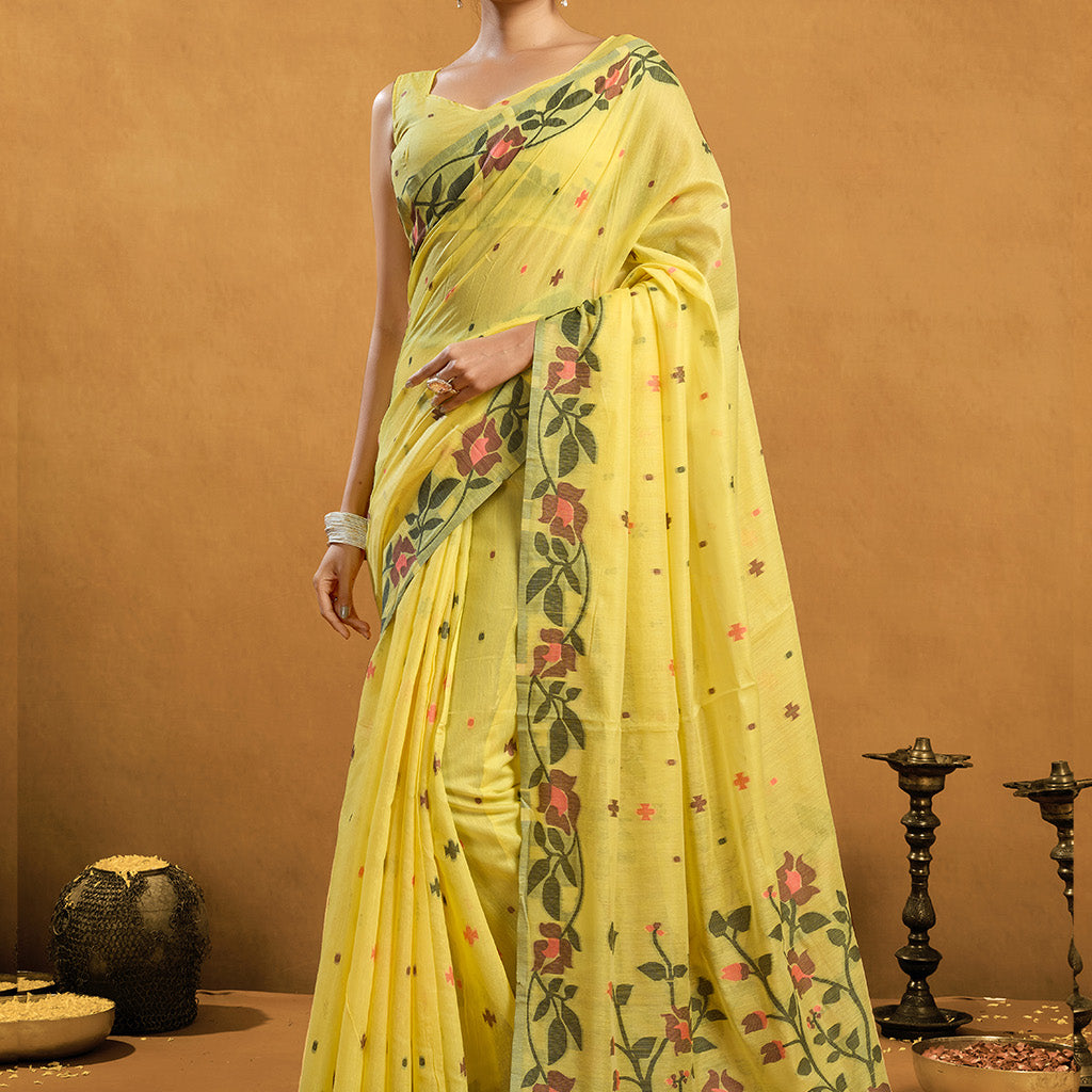Pure Yellow Cotton jamdani floral weaving