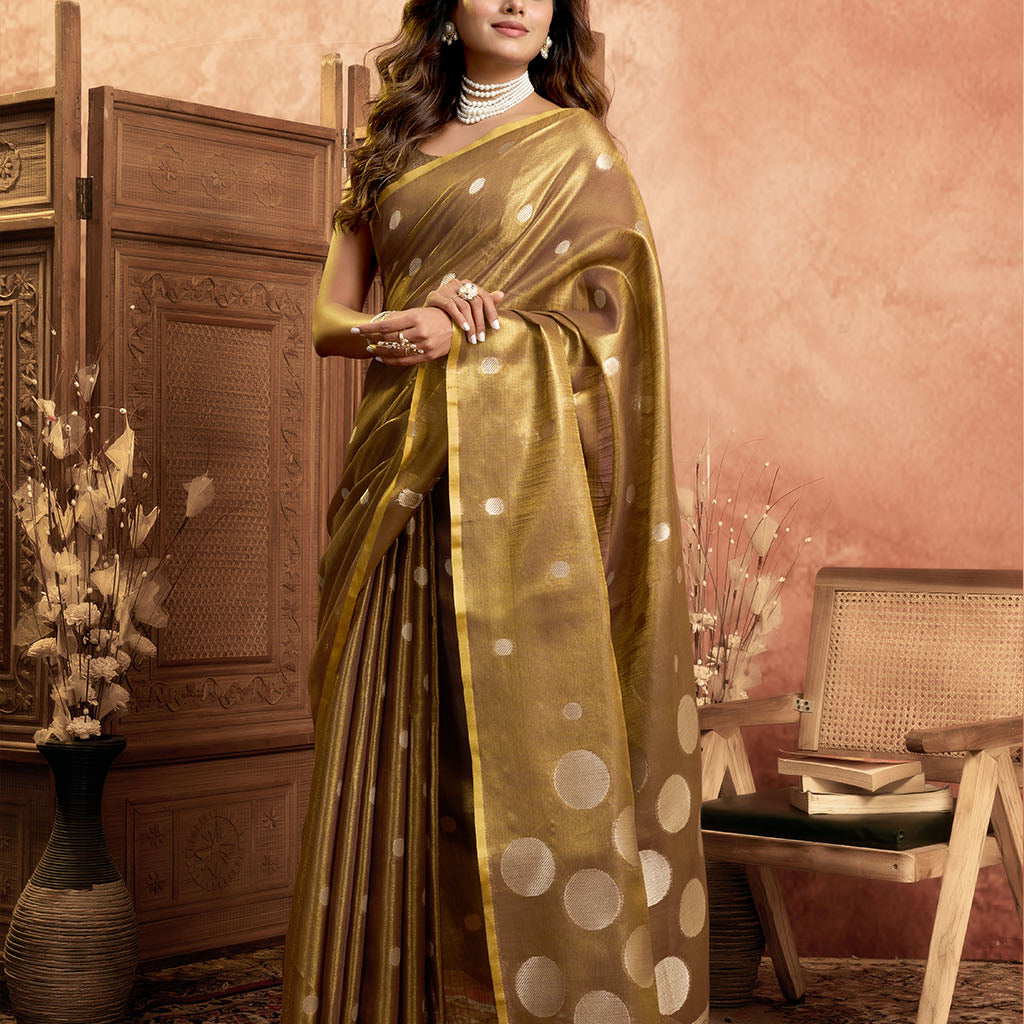 Soft Pure Tissue silk allover polka weave-Brown