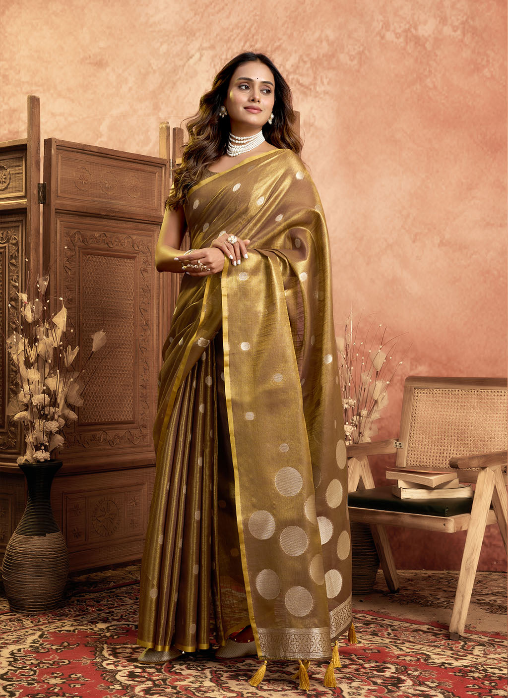 Soft Pure Tissue silk allover polka weave-Brown