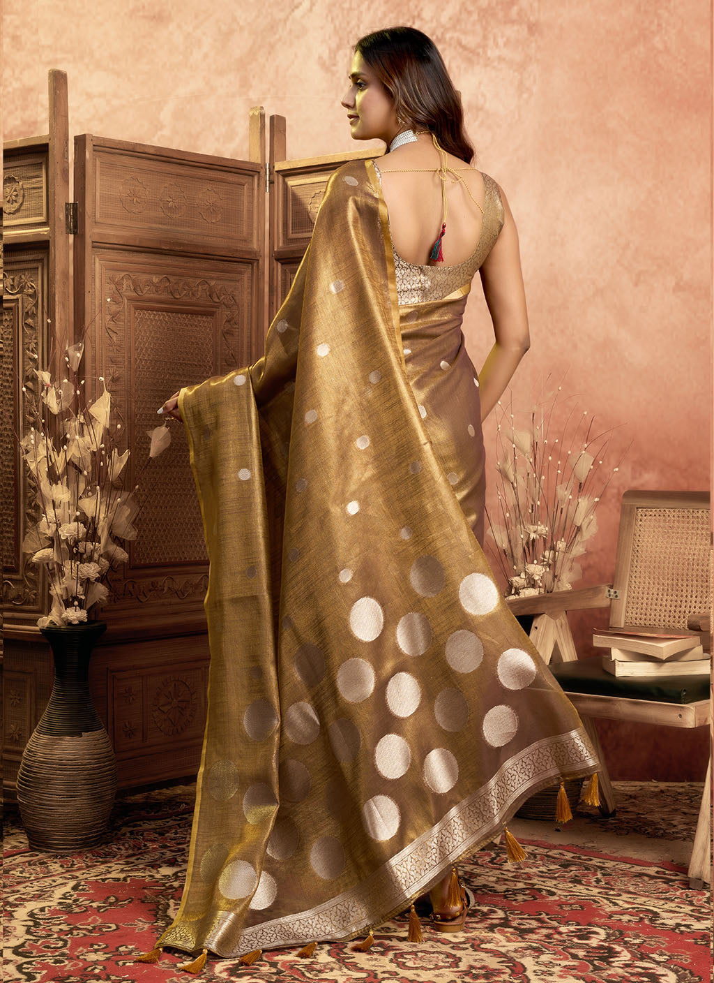 Soft Pure Tissue silk allover polka weave-Brown